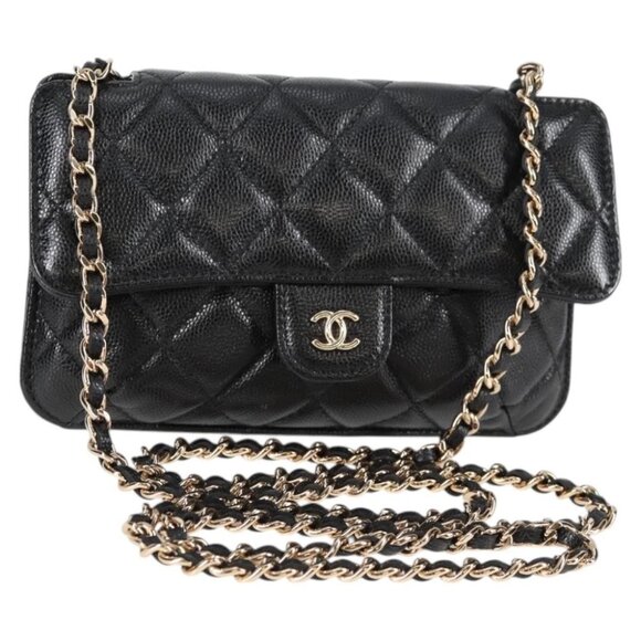 CHANEL Matelasse Chain Shoulder Bag Grained Calf Skin Black CC Auth 127322M - Picture 1 of 15